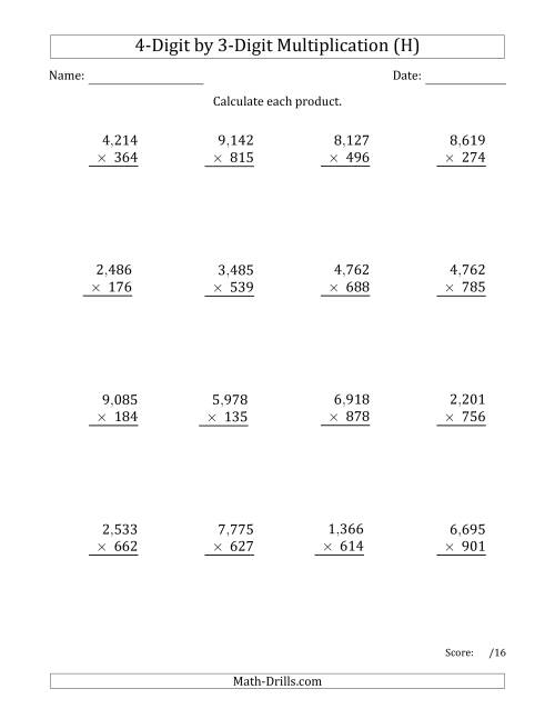 The Multiplying 4-Digit by 3-Digit Numbers with Comma-Separated Thousands (H) Math Worksheet