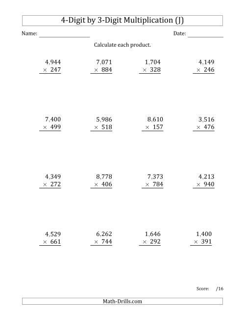 The Multiplying 4-Digit by 3-Digit Numbers with Comma-Separated Thousands (J) Math Worksheet