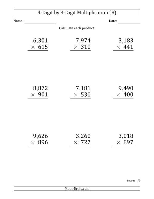The Multiplying 4-Digit by 3-Digit Numbers (Large Print) with Comma-Separated Thousands (B) Math Worksheet