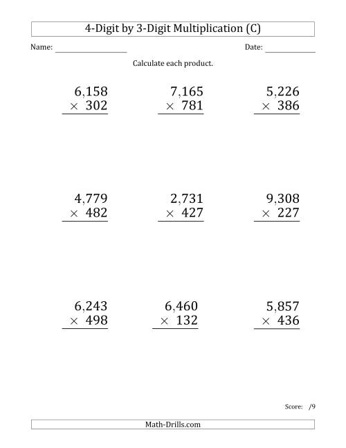 The Multiplying 4-Digit by 3-Digit Numbers (Large Print) with Comma-Separated Thousands (C) Math Worksheet