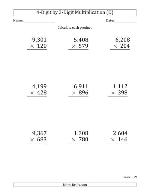 The Multiplying 4-Digit by 3-Digit Numbers (Large Print) with Comma-Separated Thousands (D) Math Worksheet