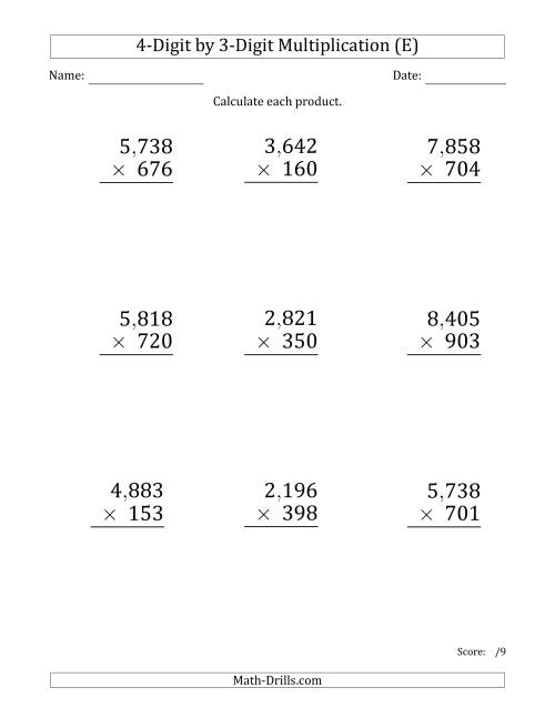 The Multiplying 4-Digit by 3-Digit Numbers (Large Print) with Comma-Separated Thousands (E) Math Worksheet