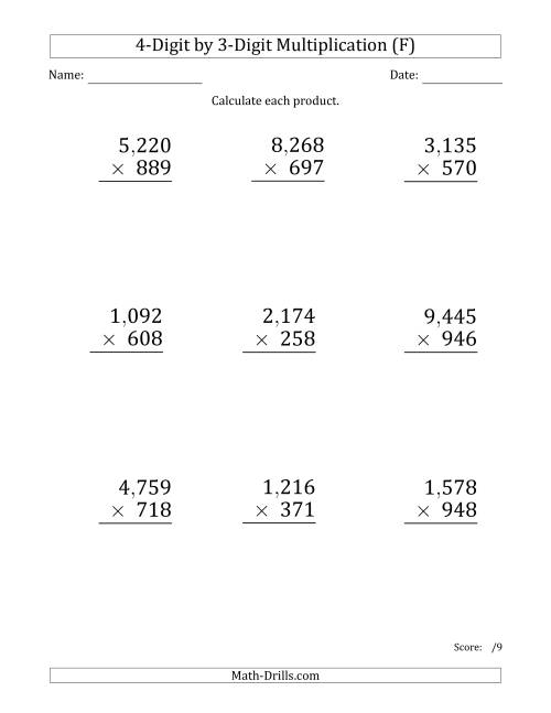 The Multiplying 4-Digit by 3-Digit Numbers (Large Print) with Comma-Separated Thousands (F) Math Worksheet