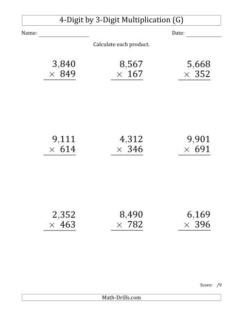 The Multiplying 4-Digit by 3-Digit Numbers (Large Print) with Comma-Separated Thousands (G) Math Worksheet