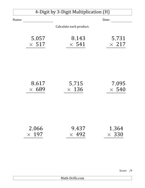 The Multiplying 4-Digit by 3-Digit Numbers (Large Print) with Comma-Separated Thousands (H) Math Worksheet