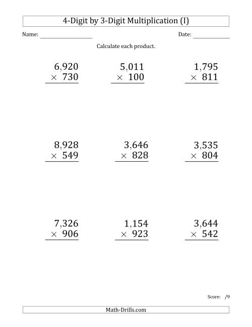 The Multiplying 4-Digit by 3-Digit Numbers (Large Print) with Comma-Separated Thousands (I) Math Worksheet
