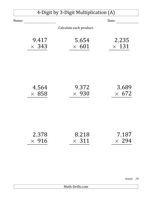 The Multiplying 4-Digit by 3-Digit Numbers (Large Print) with Comma-Separated Thousands (All) Math Worksheet