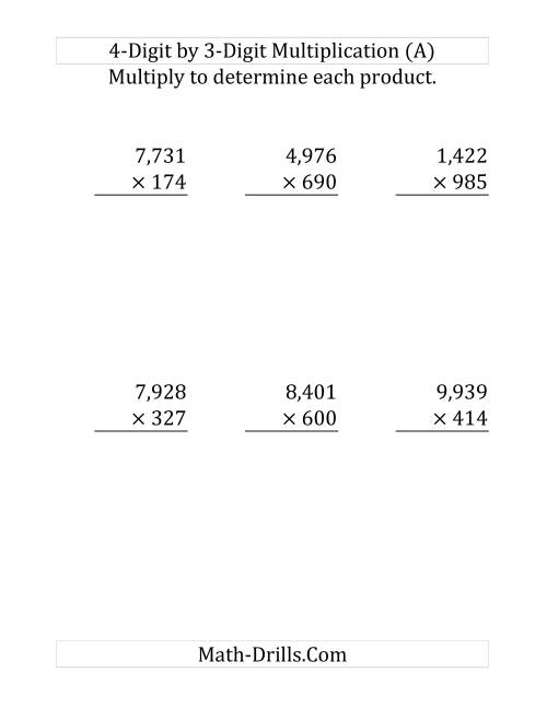The 4-Digit by 3-Digit Multiplication (Large Print) Math Worksheet