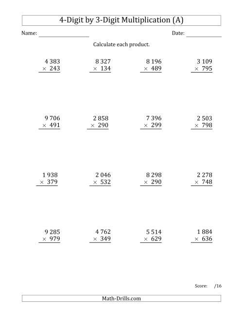 The Multiplying 4-Digit by 3-Digit Numbers with Space-Separated Thousands (A) Math Worksheet