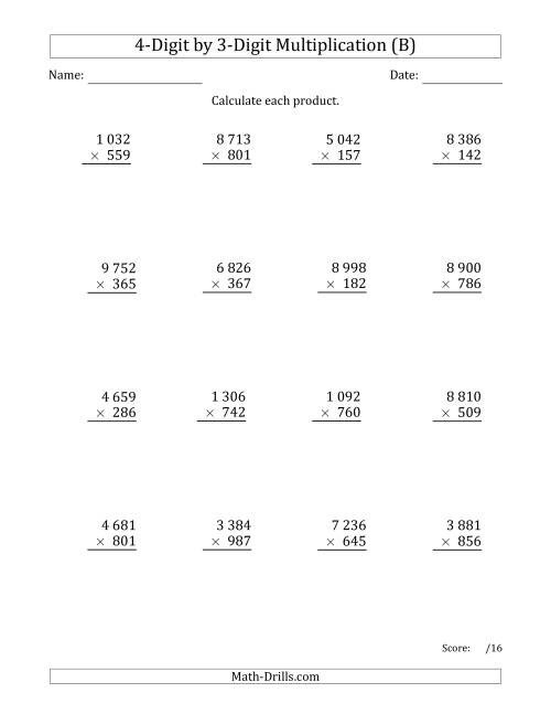 The Multiplying 4-Digit by 3-Digit Numbers with Space-Separated Thousands (B) Math Worksheet