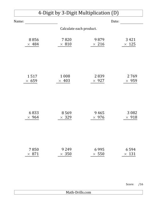 The Multiplying 4-Digit by 3-Digit Numbers with Space-Separated Thousands (D) Math Worksheet