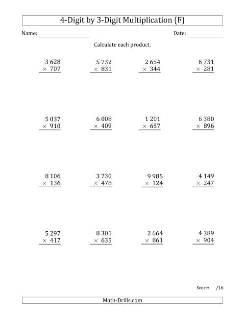 The Multiplying 4-Digit by 3-Digit Numbers with Space-Separated Thousands (F) Math Worksheet