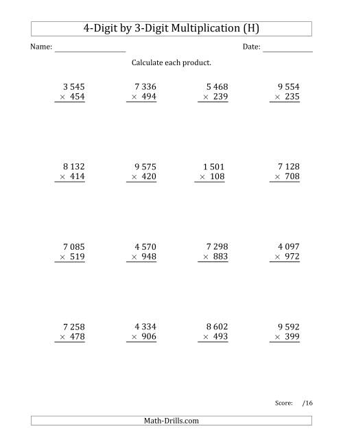 The Multiplying 4-Digit by 3-Digit Numbers with Space-Separated Thousands (H) Math Worksheet