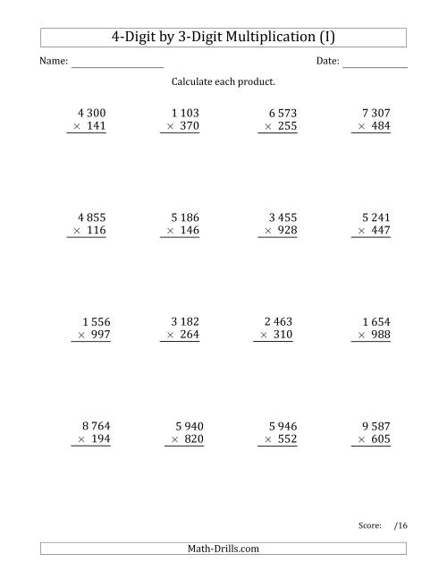 The Multiplying 4-Digit by 3-Digit Numbers with Space-Separated Thousands (I) Math Worksheet