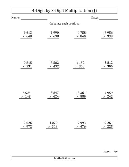 The Multiplying 4-Digit by 3-Digit Numbers with Space-Separated Thousands (J) Math Worksheet
