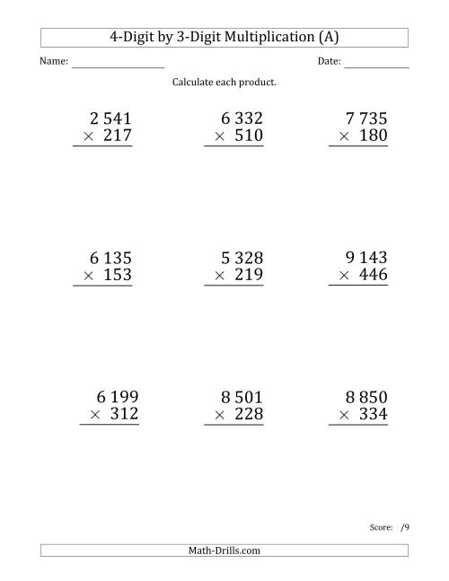 multiplying 4 digit by 3 digit numbers large print with space