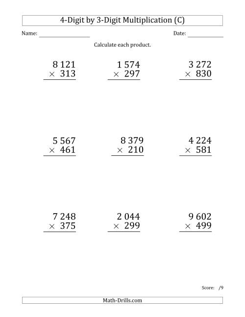 The Multiplying 4-Digit by 3-Digit Numbers (Large Print) with Space-Separated Thousands (C) Math Worksheet