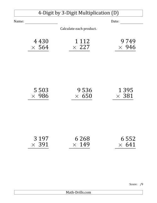 The Multiplying 4-Digit by 3-Digit Numbers (Large Print) with Space-Separated Thousands (D) Math Worksheet