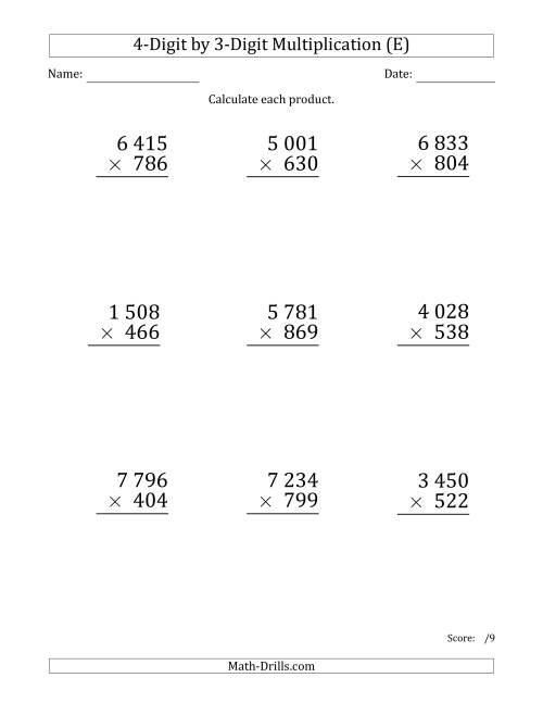 The Multiplying 4-Digit by 3-Digit Numbers (Large Print) with Space-Separated Thousands (E) Math Worksheet
