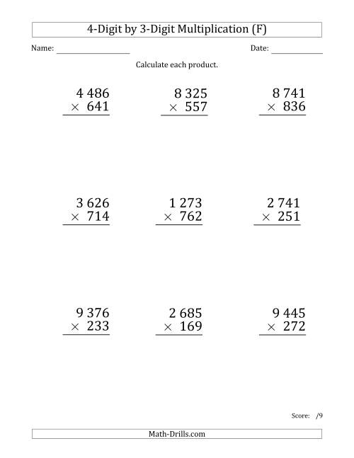 The Multiplying 4-Digit by 3-Digit Numbers (Large Print) with Space-Separated Thousands (F) Math Worksheet