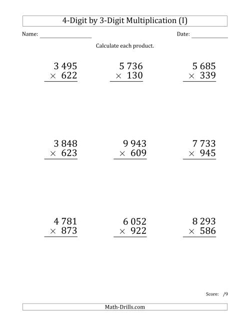 The Multiplying 4-Digit by 3-Digit Numbers (Large Print) with Space-Separated Thousands (I) Math Worksheet