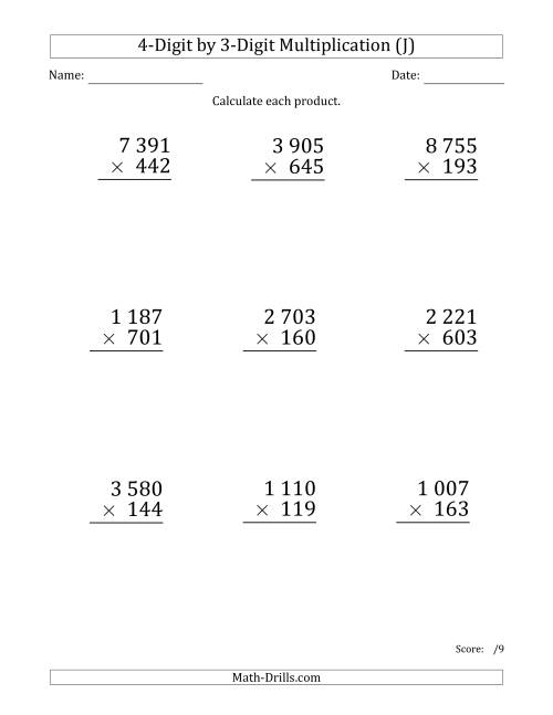 The Multiplying 4-Digit by 3-Digit Numbers (Large Print) with Space-Separated Thousands (J) Math Worksheet