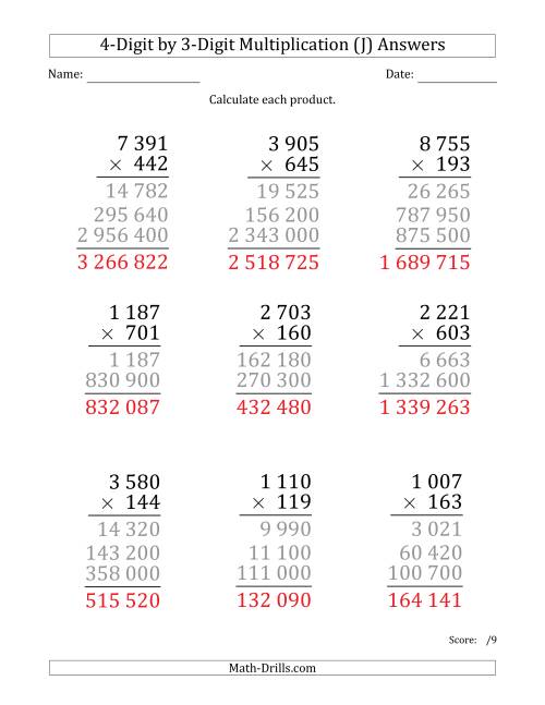 The Multiplying 4-Digit by 3-Digit Numbers (Large Print) with Space-Separated Thousands (J) Math Worksheet Page 2