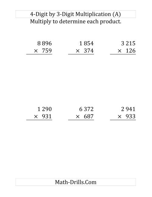 The Multiplying a 4-Digit Number by a 3-Digit Number (Large Print and SI Number Format) (Old) Math Worksheet
