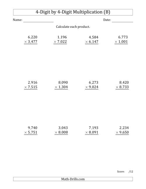 The Multiplying 4-Digit by 4-Digit Numbers with Comma-Separated Thousands (B) Math Worksheet