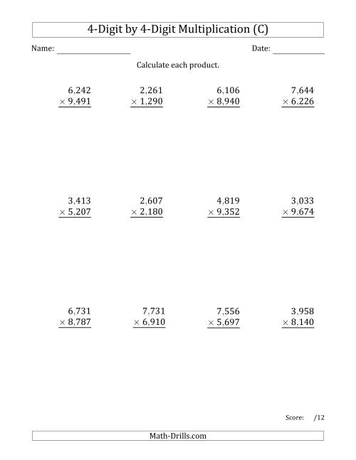 The Multiplying 4-Digit by 4-Digit Numbers with Comma-Separated Thousands (C) Math Worksheet