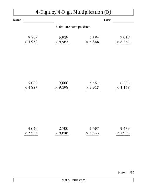 The Multiplying 4-Digit by 4-Digit Numbers with Comma-Separated Thousands (D) Math Worksheet