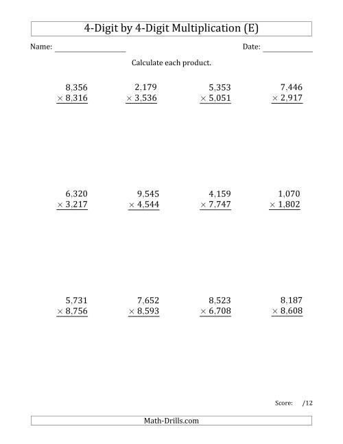 The Multiplying 4-Digit by 4-Digit Numbers with Comma-Separated Thousands (E) Math Worksheet