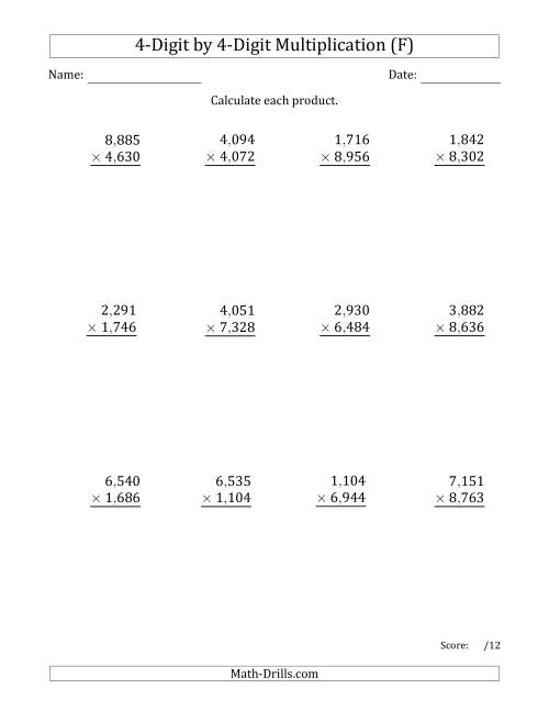 The Multiplying 4-Digit by 4-Digit Numbers with Comma-Separated Thousands (F) Math Worksheet