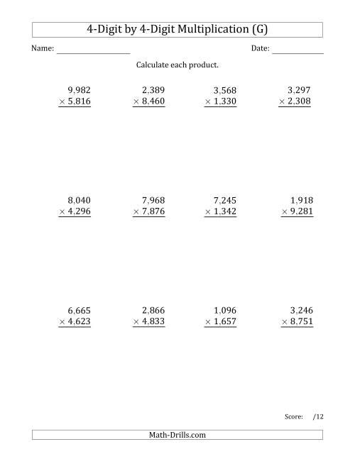 The Multiplying 4-Digit by 4-Digit Numbers with Comma-Separated Thousands (G) Math Worksheet