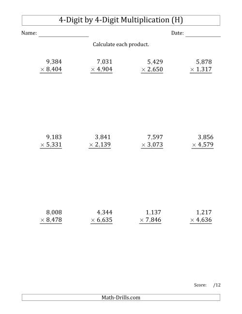 The Multiplying 4-Digit by 4-Digit Numbers with Comma-Separated Thousands (H) Math Worksheet