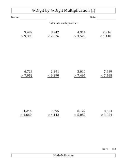 The Multiplying 4-Digit by 4-Digit Numbers with Comma-Separated Thousands (I) Math Worksheet