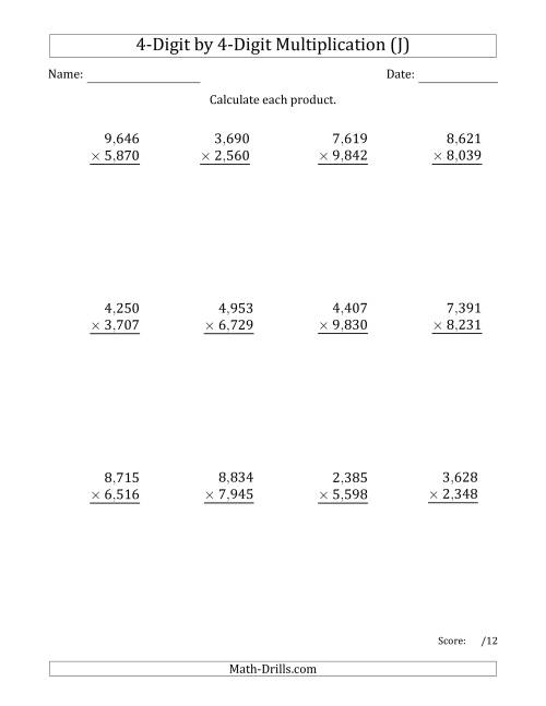The Multiplying 4-Digit by 4-Digit Numbers with Comma-Separated Thousands (J) Math Worksheet