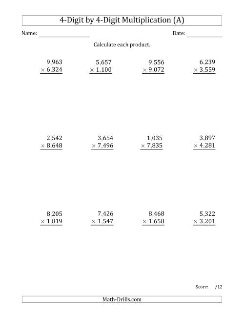 The Multiplying 4-Digit by 4-Digit Numbers with Comma-Separated Thousands (All) Math Worksheet