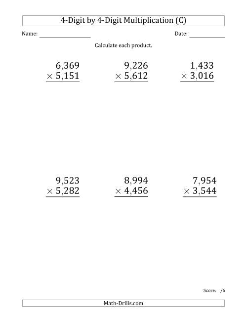 The Multiplying 4-Digit by 4-Digit Numbers (Large Print) with Comma-Separated Thousands (C) Math Worksheet