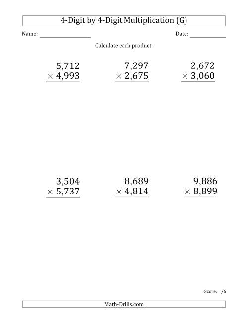 The Multiplying 4-Digit by 4-Digit Numbers (Large Print) with Comma-Separated Thousands (G) Math Worksheet