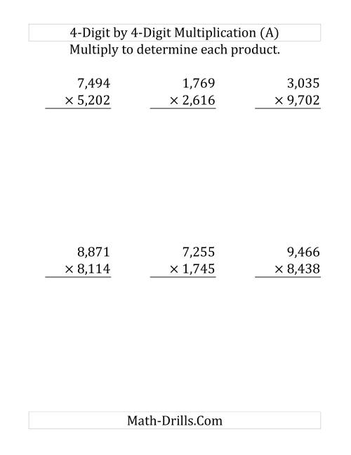 The 4-Digit by 4-Digit Multiplication (Large Print) Math Worksheet