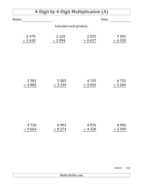 The Multiplying 4-Digit by 4-Digit Numbers with Space-Separated Thousands (A) Math Worksheet