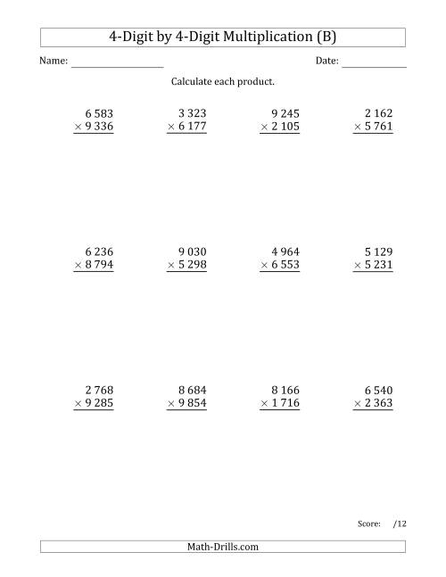 The Multiplying 4-Digit by 4-Digit Numbers with Space-Separated Thousands (B) Math Worksheet