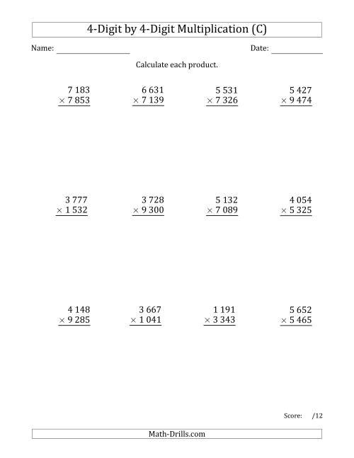 The Multiplying 4-Digit by 4-Digit Numbers with Space-Separated Thousands (C) Math Worksheet