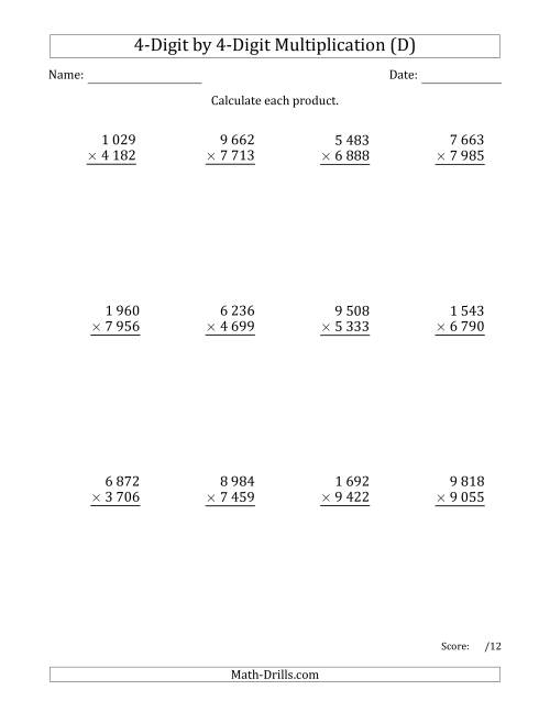 The Multiplying 4-Digit by 4-Digit Numbers with Space-Separated Thousands (D) Math Worksheet