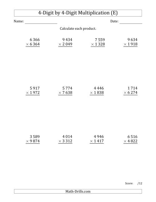The Multiplying 4-Digit by 4-Digit Numbers with Space-Separated Thousands (E) Math Worksheet