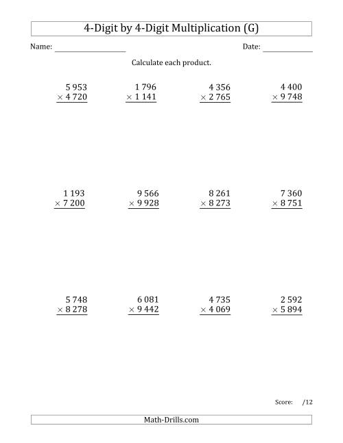The Multiplying 4-Digit by 4-Digit Numbers with Space-Separated Thousands (G) Math Worksheet
