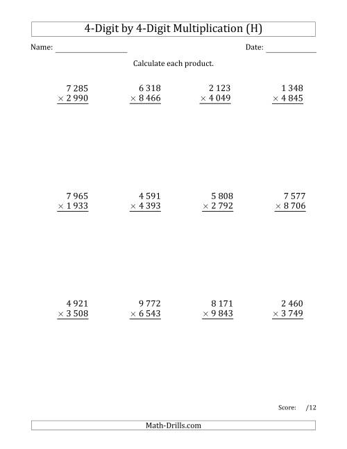 The Multiplying 4-Digit by 4-Digit Numbers with Space-Separated Thousands (H) Math Worksheet