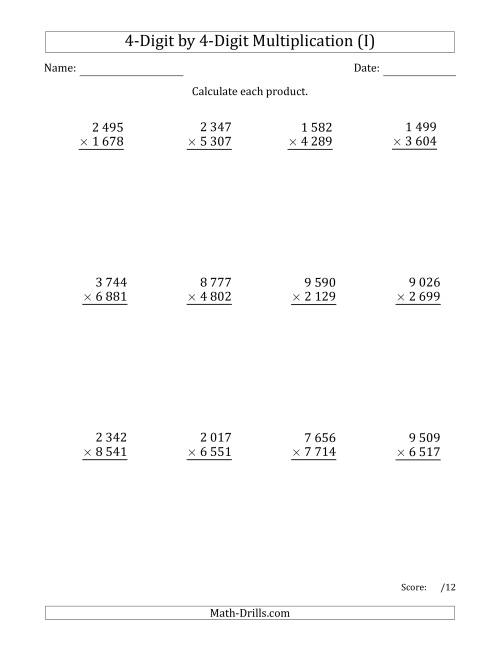 The Multiplying 4-Digit by 4-Digit Numbers with Space-Separated Thousands (I) Math Worksheet