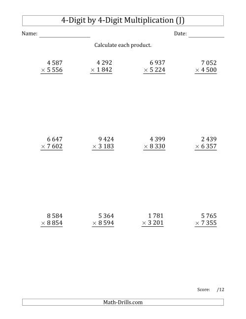The Multiplying 4-Digit by 4-Digit Numbers with Space-Separated Thousands (J) Math Worksheet